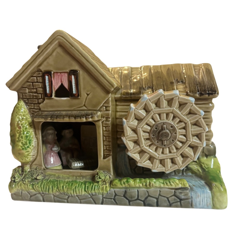 Vintage Ceramic Water Mill Music Box Rotating Wheel Made in Japan Cottagecore